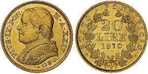 20 Ліра Папська держава (752-1870) Золото Пій IX (1792- 1878)