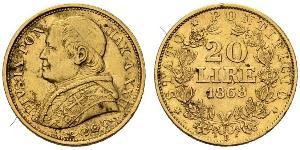 20 Ліра Папська держава (752-1870) Золото Пій IX (1792- 1878)