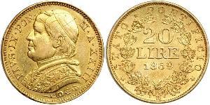 20 Ліра Папська держава (752-1870) Золото Пій IX (1792- 1878)