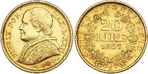 20 Ліра Папська держава (752-1870) Золото Пій IX (1792- 1878)