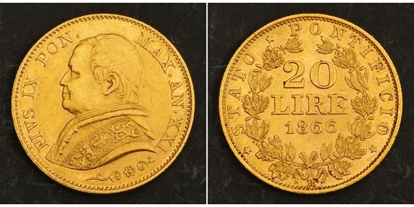 20 Ліра Папська держава (752-1870) Золото Пій IX (1792- 1878)