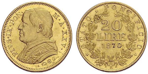 20 Ліра Папська держава (752-1870) Золото Пій IX (1792- 1878)