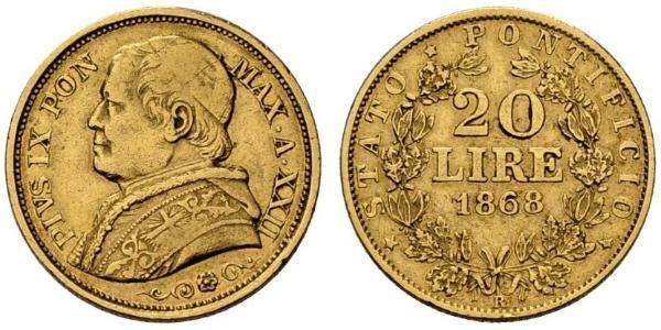 20 Ліра Папська держава (752-1870) Золото Пій IX (1792- 1878)