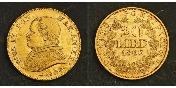 20 Ліра Папська держава (752-1870) Золото Пій IX (1792- 1878)