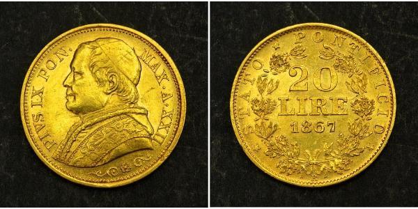 20 Ліра Папська держава (752-1870) Золото Пій IX (1792- 1878)