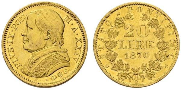 20 Ліра Папська держава (752-1870) Золото Пій IX (1792- 1878)