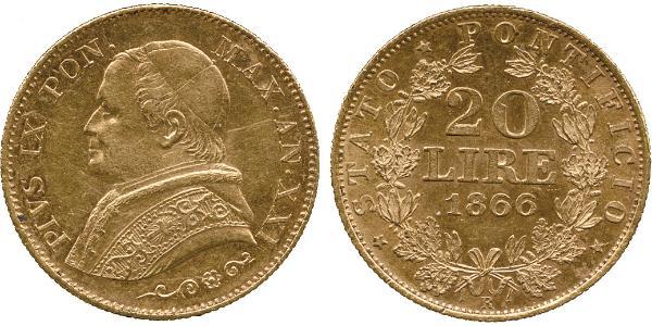 20 Ліра Папська держава (752-1870) Золото Пій IX (1792- 1878)