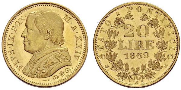 20 Ліра Папська держава (752-1870) Золото Пій IX (1792- 1878)