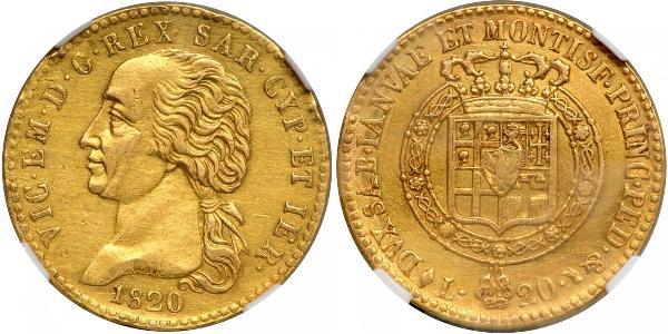 20 Ліра Сардинське королівство (1324 - 1861) Золото Victor Emmanuel I of Sardinia