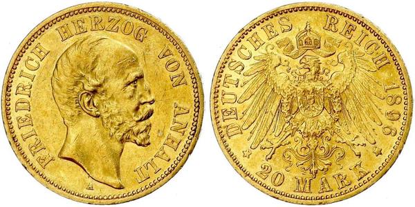 20 Марка Ангальт-Дессау (1603 -1863) Золото Frederick I, Duke of Anhalt (1831-1904)
