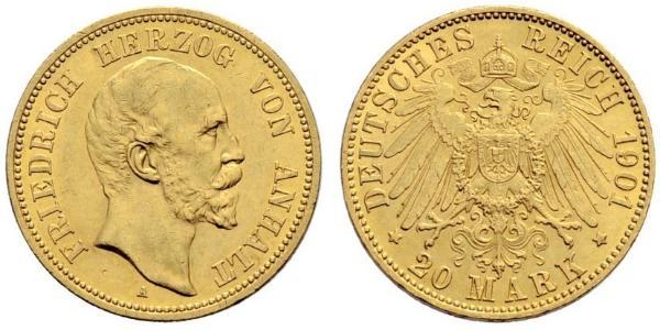 20 Марка Ангальт-Дессау (1603 -1863) Золото Frederick I, Duke of Anhalt (1831-1904)