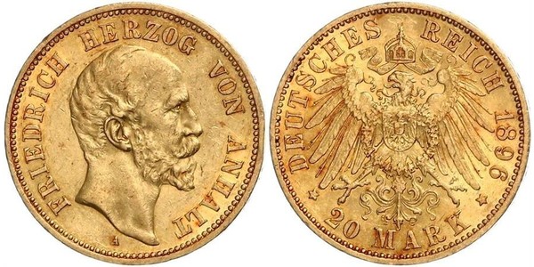 20 Марка Ангальт-Дессау (1603 -1863) Золото Frederick I, Duke of Anhalt (1831-1904)