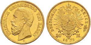 20 Марка Велике герцогство Баден (1806-1918) Золото Frederick I, Grand Duke of Baden (1826 - 1907)