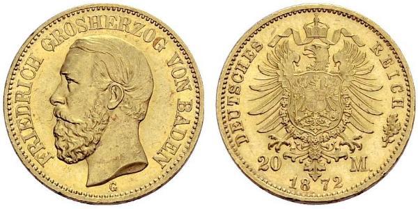 20 Марка Велике герцогство Баден (1806-1918) Золото Frederick I, Grand Duke of Baden (1826 - 1907)