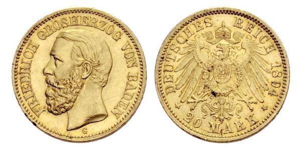 20 Марка Велике герцогство Баден (1806-1918) Золото Frederick I, Grand Duke of Baden (1826 - 1907)