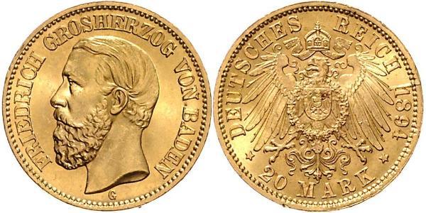 20 Марка Велике герцогство Баден (1806-1918) Золото Frederick I, Grand Duke of Baden (1826 - 1907)
