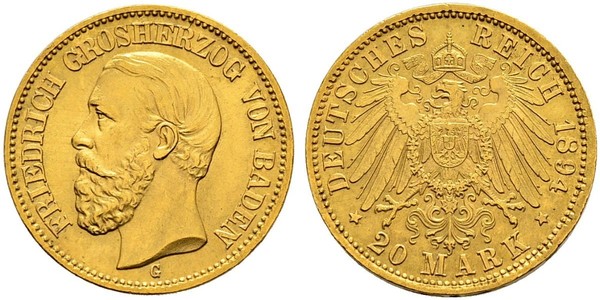 20 Марка Велике герцогство Баден (1806-1918) Золото Frederick I, Grand Duke of Baden (1826 - 1907)