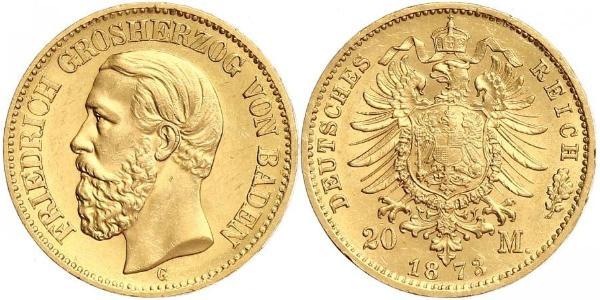 20 Марка Велике герцогство Баден (1806-1918) Золото Frederick I, Grand Duke of Baden (1826 - 1907)