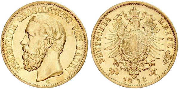 20 Марка Велике герцогство Баден (1806-1918) Золото Frederick I, Grand Duke of Baden (1826 - 1907)