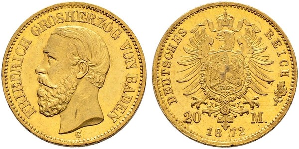20 Марка Велике герцогство Баден (1806-1918) Золото Frederick I, Grand Duke of Baden (1826 - 1907)