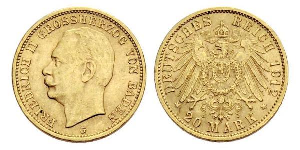 20 Марка Велике герцогство Баден (1806-1918) Золото Frederick II, Grand Duke of Baden (1857 - 1928)