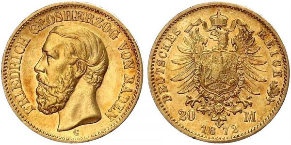 20 Марка Велике герцогство Баден (1806-1918) Золото Frederick I, Grand Duke of Baden (1826 - 1907)