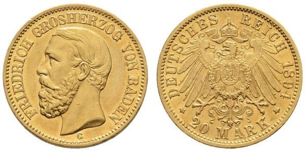 20 Марка Великое герцогство Баден (1806-1918) Золото Фридрих I (великий герцог Баденский) (1826 - 1907)