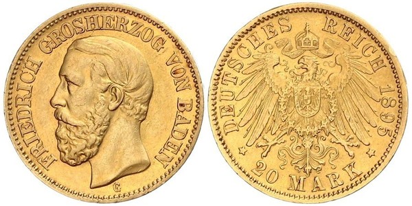 20 Марка Великое герцогство Баден (1806-1918) Золото Фридрих I (великий герцог Баденский) (1826 - 1907)