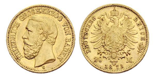 20 Марка Великое герцогство Баден (1806-1918) Золото Фридрих I (великий герцог Баденский) (1826 - 1907)