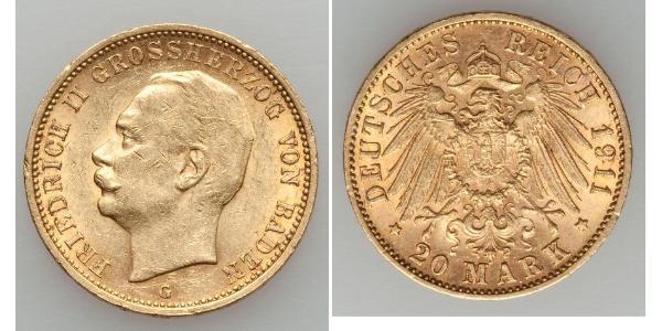 20 Марка Великое герцогство Баден (1806-1918) Золото Frederick II, Grand Duke of Baden (1857 - 1928)