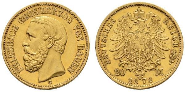 20 Марка Великое герцогство Баден (1806-1918) Золото Фридрих I (великий герцог Баденский) (1826 - 1907)