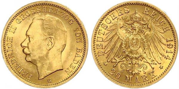 20 Марка Великое герцогство Баден (1806-1918) Золото Frederick II, Grand Duke of Baden (1857 - 1928)