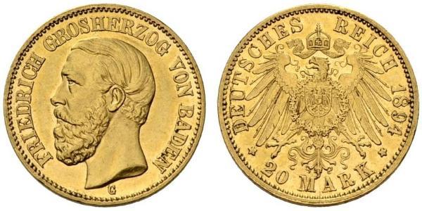 20 Марка Великое герцогство Баден (1806-1918) Золото Фридрих I (великий герцог Баденский) (1826 - 1907)