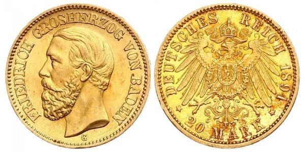 20 Марка Великое герцогство Баден (1806-1918) Золото Фридрих I (великий герцог Баденский) (1826 - 1907)