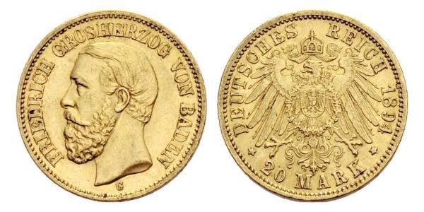 20 Марка Великое герцогство Баден (1806-1918) Золото Фридрих I (великий герцог Баденский) (1826 - 1907)