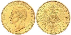 20 Марка Великое герцогство Гессен (1806 - 1918) Золото Ernest Louis, Grand Duke of Hesse (1868 - 1937)