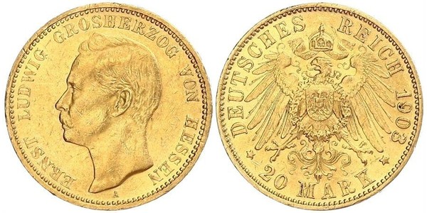 20 Марка Великое герцогство Гессен (1806 - 1918) Золото Ernest Louis, Grand Duke of Hesse (1868 - 1937)