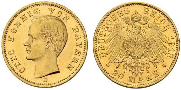 20 Марка Королевство Бавария (1806 - 1918) Золото Отто I (король Баварии)(1848 – 1916)
