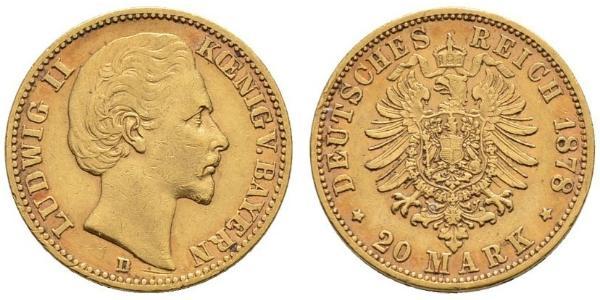 20 Марка Королевство Бавария (1806 - 1918) Золото Людвиг II (король Баварии)(1845 – 1886)