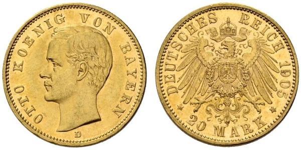 20 Марка Королевство Бавария (1806 - 1918) Золото Отто I (король Баварии)(1848 – 1916)
