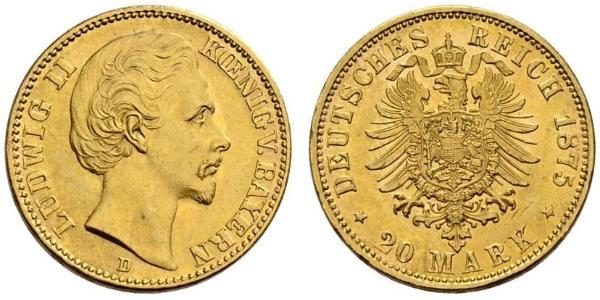 20 Марка Королевство Бавария (1806 - 1918) Золото Людвиг II (король Баварии)(1845 – 1886)
