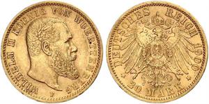 20 Марка Королевство Вюртемберг (1806-1918) Золото Wilhelm II, German Emperor (1859-1941)