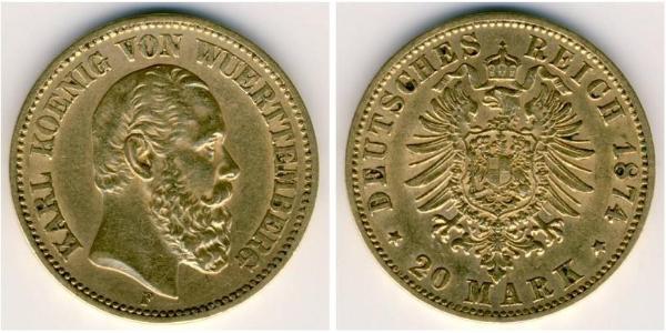 20 Марка Королевство Вюртемберг (1806-1918) Золото Карл I (король Вюртемберга)