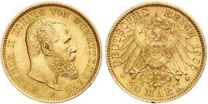 20 Марка Королівство Вюртемберг Золото Wilhelm II, German Emperor (1859-1941)