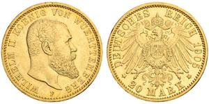 20 Марка Королівство Вюртемберг Золото Wilhelm II, German Emperor (1859-1941)