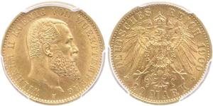 20 Марка Королівство Вюртемберг Золото Wilhelm II, German Emperor (1859-1941)