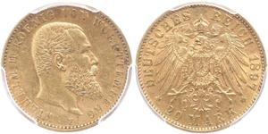 20 Марка Королівство Вюртемберг Золото Wilhelm II, German Emperor (1859-1941)