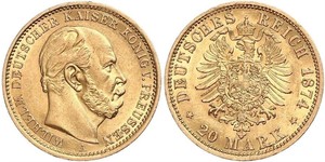 20 Марка Королівство Пруссія (1701-1918) Золото Wilhelm I, German Emperor (1797-1888)