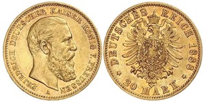 20 Марка Королівство Пруссія (1701-1918) Золото Фрідріх III (німецький імператор) (1831-1888)