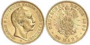 20 Марка Королівство Пруссія (1701-1918) Золото Wilhelm II, German Emperor (1859-1941)